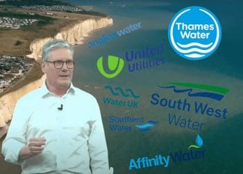 Pollution pouring into the ocean. Keir Starmer surrounded by water company logos Labour water industry