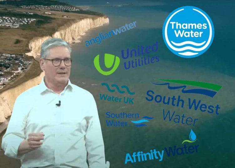 Pollution pouring into the ocean. Keir Starmer surrounded by water company logos Labour water industry