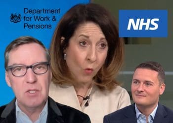 DWP boss Liz Kendall, health adviser Alan Milburn, and health secretary Wes Streeting, with the DWP NHS logos benefits
