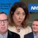 DWP boss Liz Kendall, health adviser Alan Milburn, and health secretary Wes Streeting, with the DWP NHS logos benefits