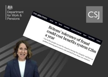 DWP boss Liz Kendall, the headline of the Times article on benefit fraud, with the DWP, and CSJ logos DWP benefit fraud