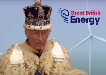 King Charles with a wind turbine behind him and the Great British Energy logo crown estate