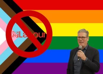 Pride flag, with Keir Starmer stood in front. Labour logo with a bold stop sign over it Starmer LGBTQ+