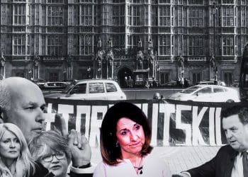 Disabled people a picture of former DWP ministers and Liz Kendall against a banner that reads 'tory cuts kill' outside parliament