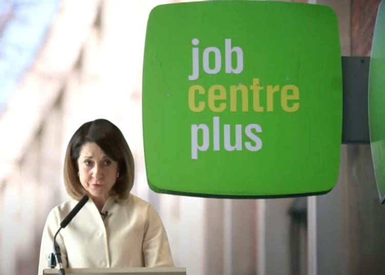 Liz Kendall with a job centre plus sign behind her DWP PIP benefits