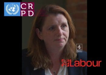 Screengrab of Alison McGovern from the Channel 4 interview. Labour and UNCRPD logo DWP