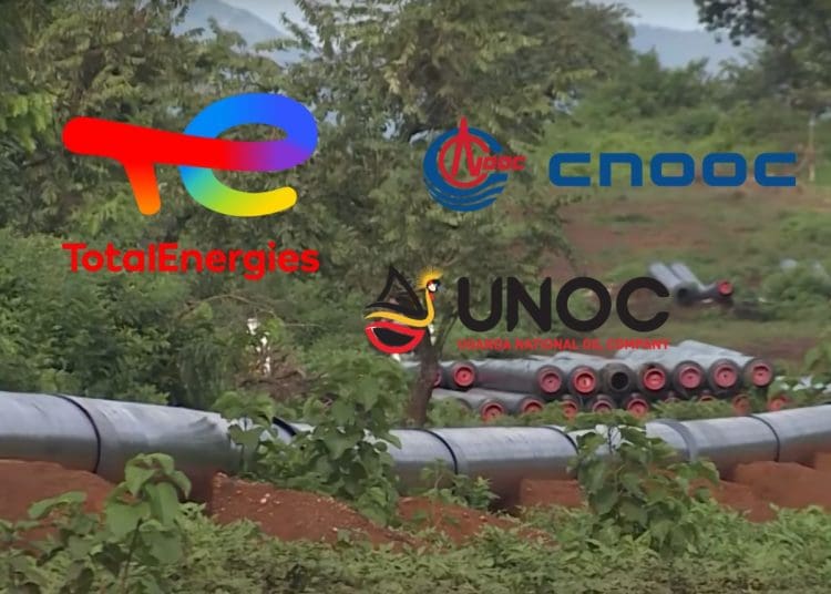 EACOP project mid-construction through jungle. TotalEnergies, CNOOC, and UNOC logos.