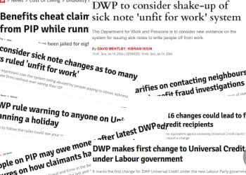 Selection of clickbait headlines about the DWP and benefits from Reach Plc publications DWP Universal Credit Labour
