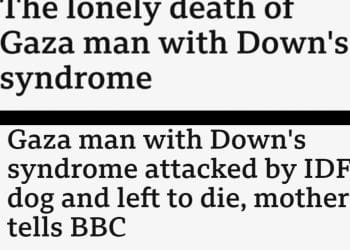 BBC original headline and amended headline. First reads: "The lonely death of Gaza man with Down's syndrome" The amended reads: "Gaza man with Down's syndrome attacked by IDF dog left to die, mother tells BBC Israel