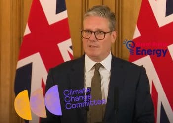 Prime minister Keir Starmer with the Climate Change Committee, and Great British Energy logos.