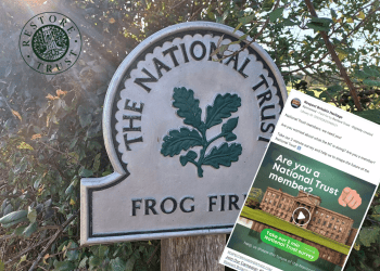National Trust signpost among leaves. Restore Trust logo superimposed over the image. A screenshot of the Restore Trust ad calling for National Trust members to complete a survey.