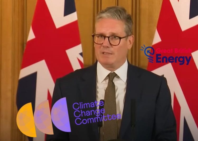 Prime minister Keir Starmer with the Climate Change Committee, and Great British Energy logos.