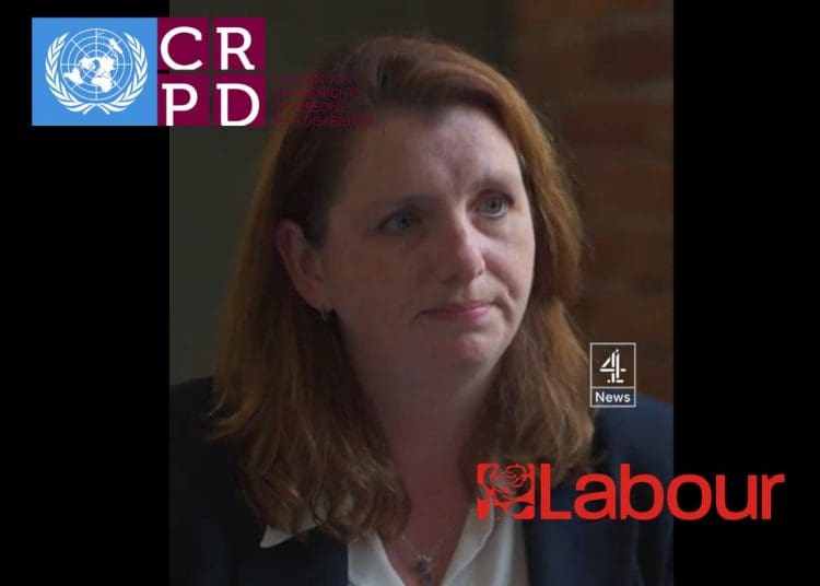 Screengrab of Alison McGovern from the Channel 4 interview. Labour and UNCRPD logo DWP