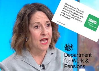 DWP boss Liz Kendall, with the DWP logo and COVID Community Support's letter head PIP