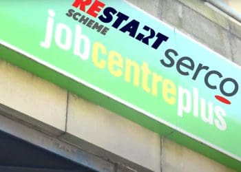 Jobcentre Plus sign over the entrance to a building, with Serco and the Restart Scheme logo superimposed on top DWP
