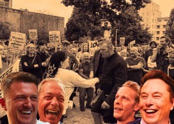 Riots - two people confronting each other surrounded by a crowd of both left and far-right protesters with Tommy Robinson, Nigel Farage Lawrence Fox and Elon Musk watching and laughing