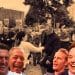 Riots - two people confronting each other surrounded by a crowd of both left and far-right protesters with Tommy Robinson, Nigel Farage Lawrence Fox and Elon Musk watching and laughing