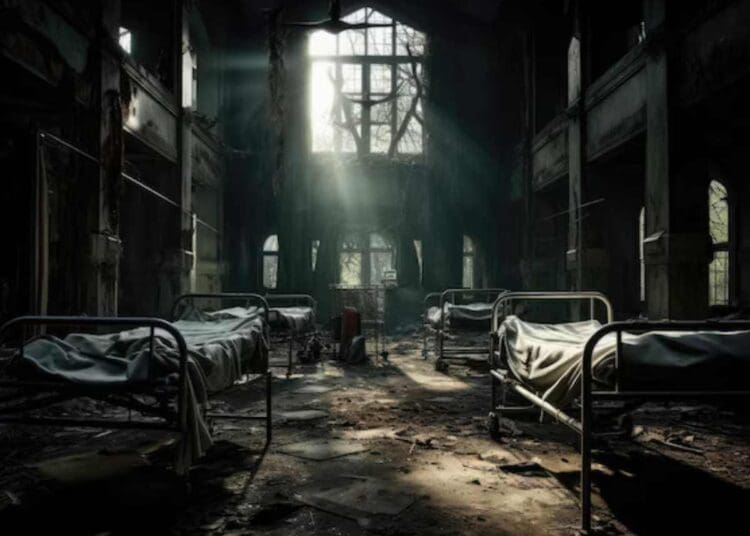 A run down hospital ward with light shining in ME/CFS long Covid