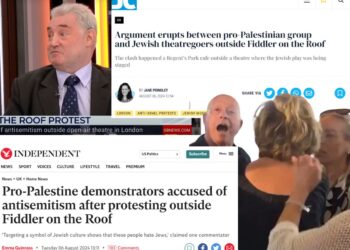 Gary Mond on GB News, the Independent article headline, and the Jewish Chronicle article headline. A white man held back by two white women is shouting fiddler on the roof
