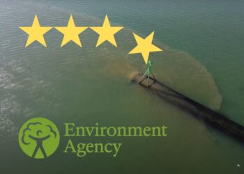 Pollution from a pipe into the ocean. The Environment Agency logo, and four stars, with one falling away water companies