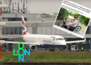 London City Airport logo, a plane flying into the airport, and a screenshot of the Guardian's article about Louise Haigh's announcement on new cycle funding Labour