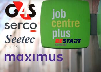 DWP Jobcentre Plus sign, with the Restart Scheme, G4S, Serco, Seetec, and Maximus logos Universal Credit DWP