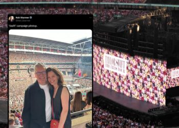 Keir Starmer's X post at Taylor Swift's Era's Tour in London, and the stage with the logo behind.