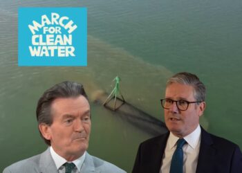 Feargal Sharkey, Keir Starmer, the March for Clean Water logo, and a sewage pipe pumping pollution into the ocean.