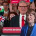 Starmer at the podium which reads: "Change begins" and Rachel Reeves laughing in front Labour