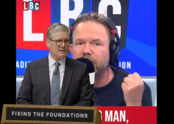 James O'Brien on LBC. Starmer stood at the podium which reads "Fixing the Foundations" Labour