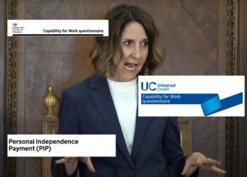 Labour Liz Kendall and screengrabs of the DWP capability for work questionnaire headers for Universal Credit and ESA, and text that reads 'Personal Independence Payment (PIP)' DWP PIP WCA