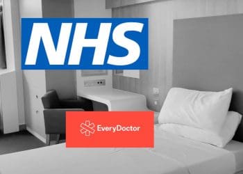 Bed in a mental health ward. NHS and EveryDoctor logos NHS privatisation