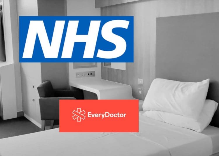 Bed in a mental health ward. NHS and EveryDoctor logos NHS privatisation