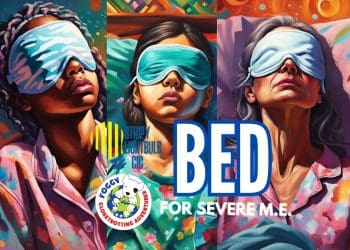 Three women lying in bed in floral pyjamas and eye-masks. The BED for Severe ME, ME Foggy Dog, and Stripy Lightbulb CIC logos.