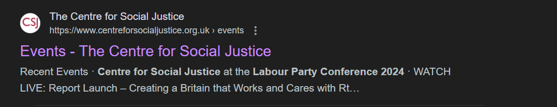 Google search result showing that the CSJ did have a page listing for its attendance at the upcoming Labour Party conference. 