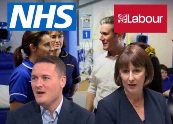 NHS and Labour Party logos. Wes Streeting and Rachel Reeves. Keir Starmer talking to healthcare staff in a hospital setting.