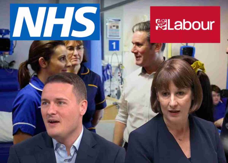 NHS and Labour Party logos. Wes Streeting and Rachel Reeves. Keir Starmer talking to healthcare staff in a hospital setting.