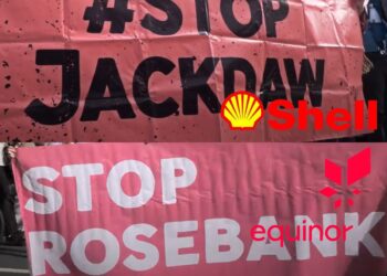 #Stop Jackdaw banner and a Stop Rosebank banner, with Shell and Equinor logos superimposed on top.