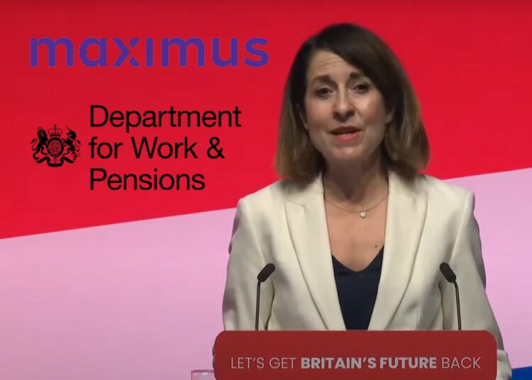 Liz Kendall speaking at a podium with the slogal 'Let's get Britain's future back' during Labour's 2023 annual conference. Maximus, and the DWP logos DWP PIP