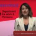 Liz Kendall speaking at a podium with the slogal 'Let's get Britain's future back' during Labour's 2023 annual conference. Maximus, and the DWP logos DWP PIP