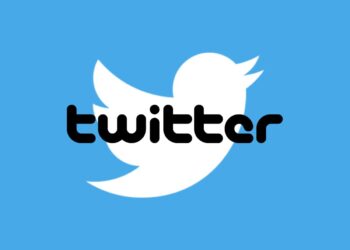 Twitter bird logo in blue and white, and text logo in black.