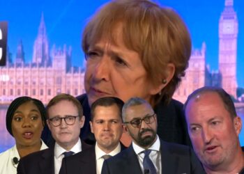 Margaret Hodge and Guto Harri on LBC. Kemi Badenoch to the left bottom of the page, with Tom Tugendhat, Robert Jenrick, and James Cleverly to her right in a row Tory leadership race
