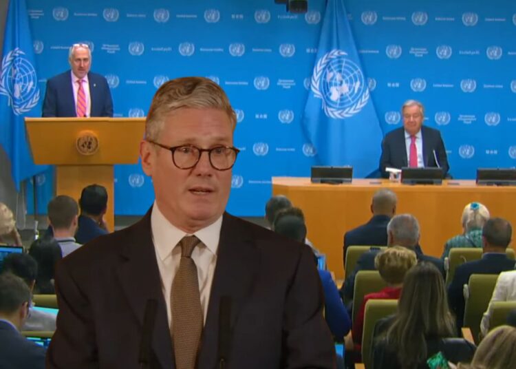Crowd at the UN General Assembly, with Antonio Guterres at the front. Keir Starmer Labour
