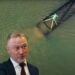 Environment minister Steve Reed, with a sewage pipe pouring pollution into the ocean behind him Labour conference PFI sewage water