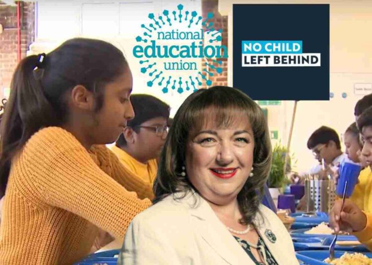 Children with free school meals at a table in a school canteen. The NEU and No Child Left Behind logos Hodgson NEU