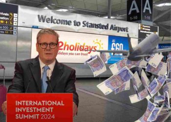 Keir Starmer in front of an International Investment Summit 2024 podium. Stansted Airport behind. A plane taking off, with multiple pound notes falling beneath it Stansted airport expansion Labour climate