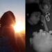 On the left, Katiana before she had severe ME, back towards the sunset. On the right, a greyed out image of Katiana living with severe ME, lying in bed on her side, surrounded by a plush toy, medication, bottles of water, and a pulsometer Greece ME/CFS