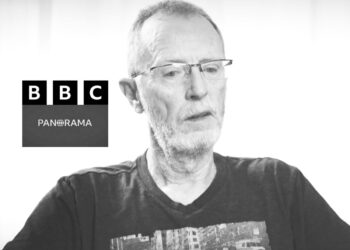 Thomas Hand speaking, in grayscale. The BBC Panorama logos Israel