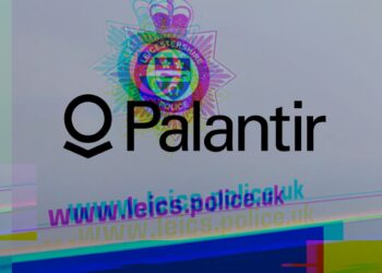 Leicestershire Police logo and web address on a police van. Palantir's logo NHS