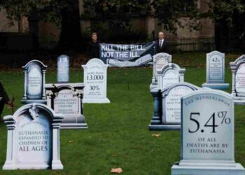 assisted dying a mock graveyard with tombstones carved with figures against assisted dying